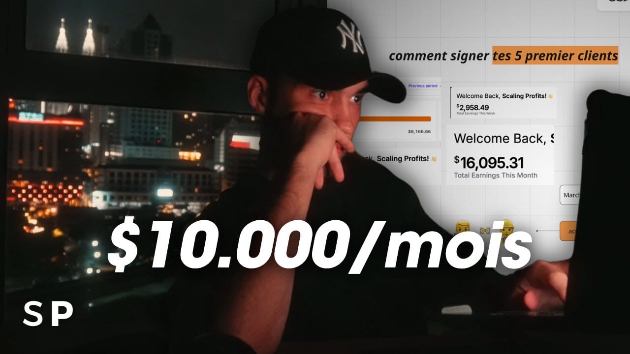Yan Deschênes devant son ordinateur la nuit, avec un tableau de bord de revenus et le texte « 10 000 $/mois »